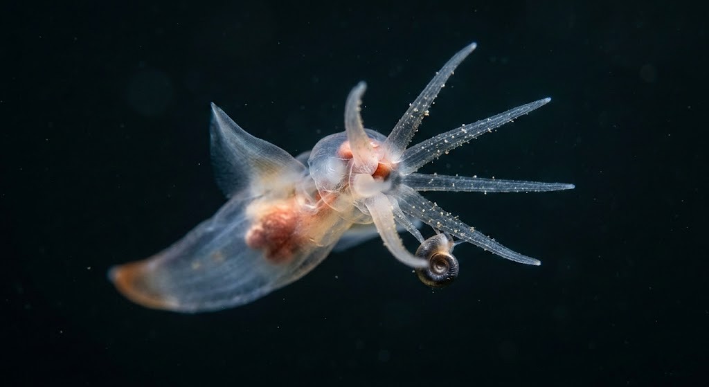 クリオネが頭部からバッカルコーン（6本の触手）を伸ばして獲物を捕まえる瞬間のクローズアップ