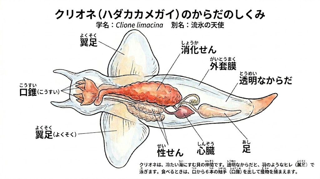 クリオネの体の構造を示した図鑑風イラスト。翼足・バッカルコーン・内臓などの各部位に説明がついている