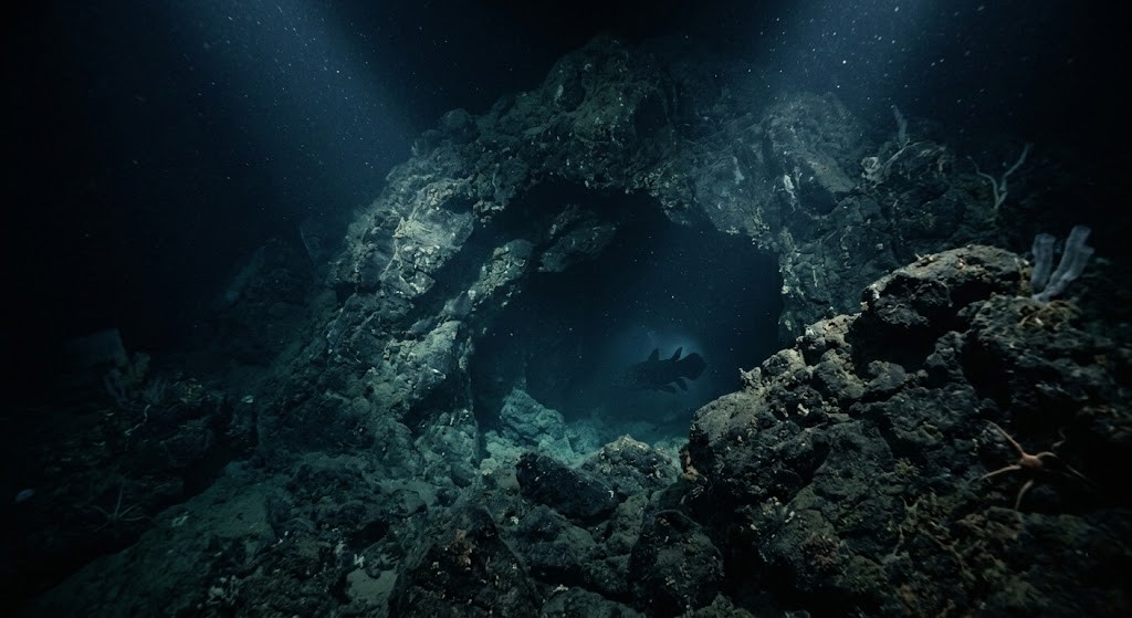 シーラカンスが生息する水深150〜700mの深海・岩場と洞窟が広がる暗い海底の環境