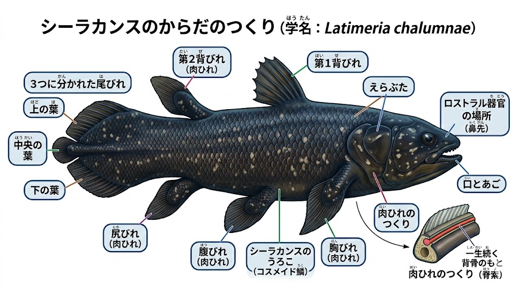 シーラカンスの体の構造を示した図鑑イラスト・肉鰭・三叉尾・吻器官などの各部位