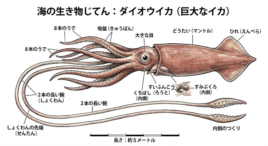 ダイオウイカの体の構造を示した図鑑イラスト・外套膜・腕・触手・ひれの各部位