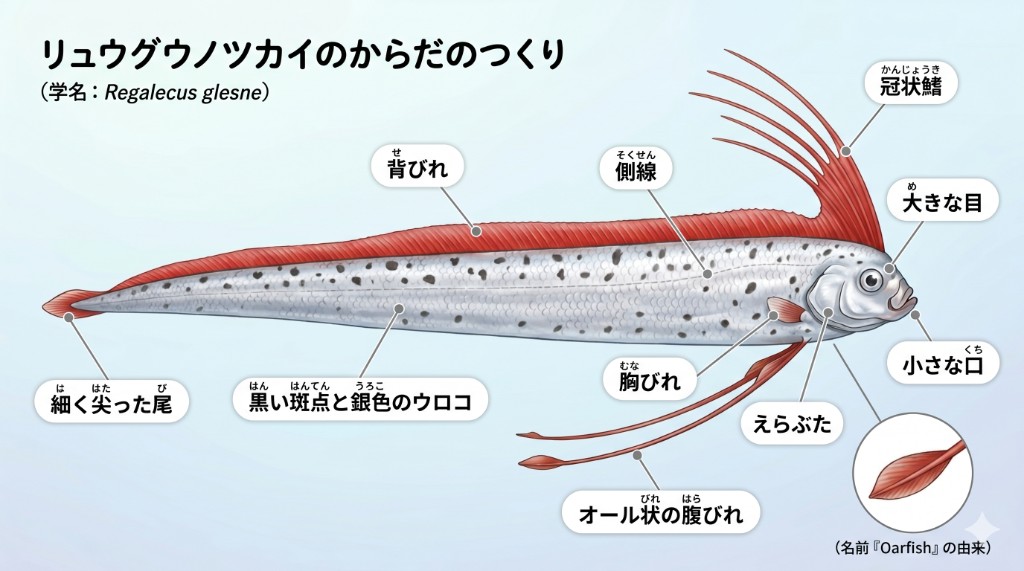 リュウグウノツカイ|からだのつくり(構造解説図) リュウグウノツカイの各部位を日本語で解説した図:冠状鰭・背びれ・オール状の腹びれ・側線・大きな目・えらぶたなど